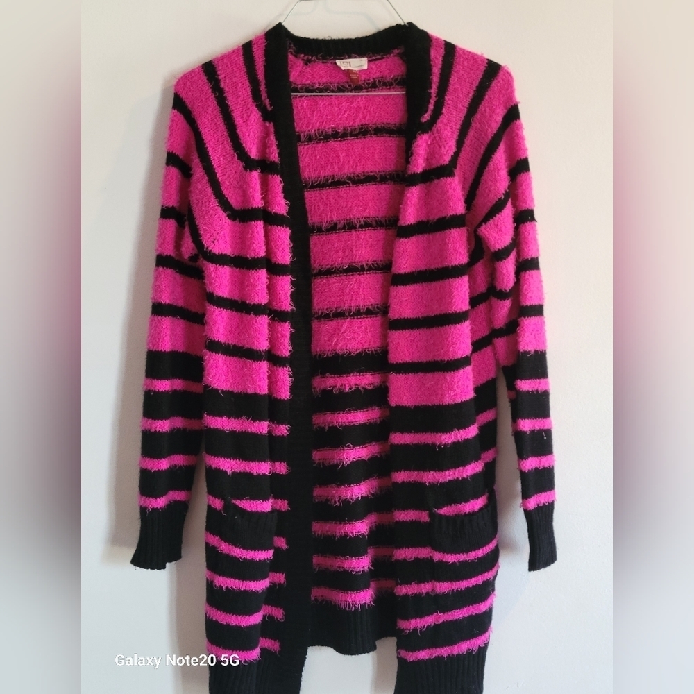 Long, neon pink and black fuzzy sweater